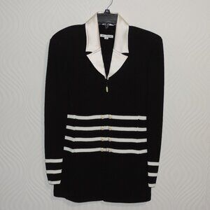 ST JOHN Caviar Knit Jacket sz 8 Black and White Satin Removable Collar